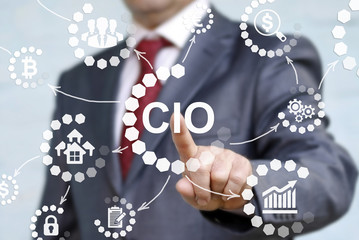 CIO or chief information officer concept presented by businessman touching on virtual screen. career in IT information technology officer to administrator staff. Chief Investment Officer acronym. - obrazy, fototapety, plakaty