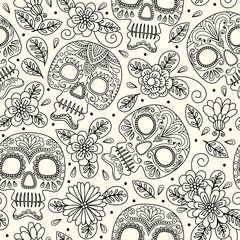 Skull and Flowers. Seamless Background. Mexican day of the dead. Freehand drawing