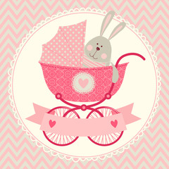 Card with a baby carriage. It's a girl!