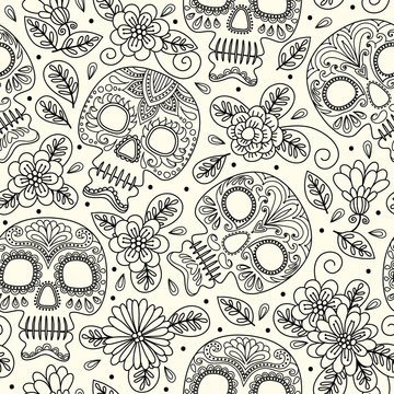 Skull and Flowers. Seamless Background. Mexican day of the dead. Freehand drawing