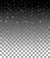 Falling snow on dark background. Vector image. Abstract snowflake background. Winter composition with glowing elements. Snowfall in motion. Template in seasonal style for your design. Snowy vertical.