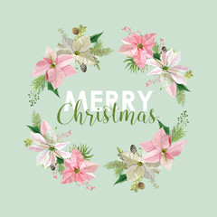 Fototapeta na wymiar New Year and Christmas Card - Vintage Flowers Poinsettia Pink Background