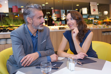 happy couple in restaurant looking each other