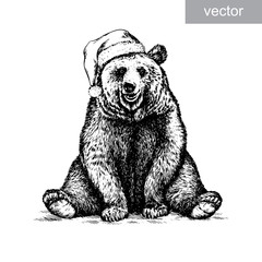 Brown bear, black and white engrave. Christmas hat. vector