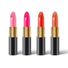 Fototapeta premium Set of realistic lipsticks in black tube with shadow