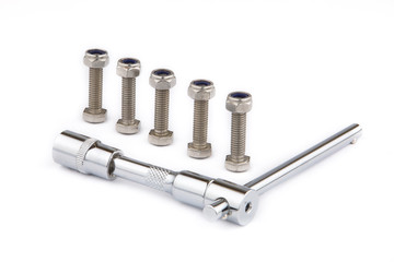 Bolts and nuts. Machine equipment in industry job, industry back