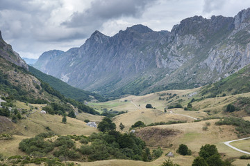 Fototapeta na wymiar Valley of the River Rio del Valle, in Somiedo Nature Reserve. It is located in the central area of the Cantabrian Mountains in the Principality of Asturias in northern Spain