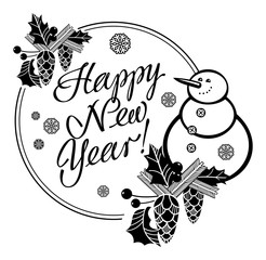 Holiday label with funny snowman and written greeting "Happy New Year!". Vector clip art.