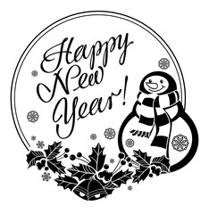 Holiday label with funny snowman and written greeting 