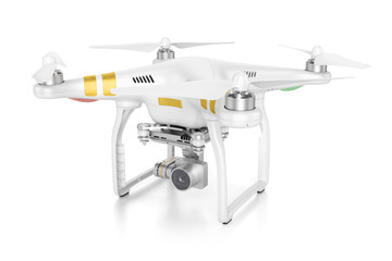 White quadrocopter drone with a video camera 3d