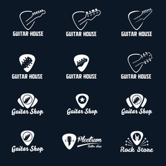 Guitar in plectrum shape monochrome logos set
