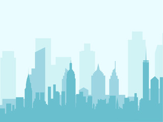 City skyline vector illustration. Urban landscape. Blue city silhouette. Cityscape in flat style. Modern city landscape. Cityscape backgrounds. Daytime city skyline. - stock vector