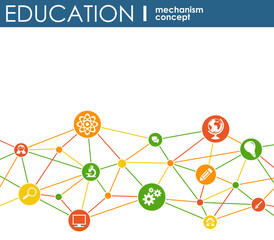 Education network. Hexagon abstract background with lines, polygons, and integrate flat icons. Connected symbols for elearning, knowledge, learn and global concepts. Vector interactive illustration