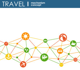 Travel mechanism. Abstract background with connected circles and integrated flat icons. Connected symbols for money, card, bank. Vector interactive illustration