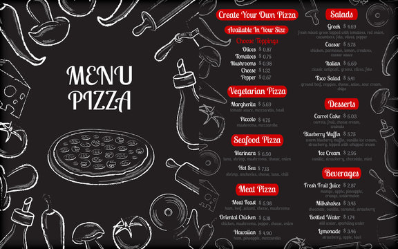 Pizza cafe menu brochure template with white hand drawn ingredie