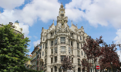 Beautiful view of historic parliament building in the city center in porto Portugal on sunny day.