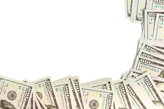 Mockup frame made of hundred-dollar banknotes isolated on white