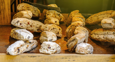 Organic bread with olives and other ingredients seen in a french bakery