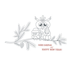 Two little birds and a large owl sitting on a branch. The branch