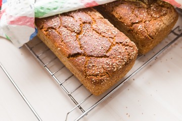 Freshly baked homemade bread lying on metal grille