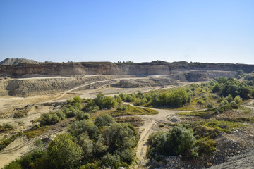 Large quarry for gravel mining, sand and clay. Mining machines and units. Mining
