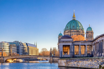 Fototapeta na wymiar Berlin Cathedral (Berliner Dom) and Museum Island (Museumsinsel) reflected in Spree River, Berlin, Germany, Europe.