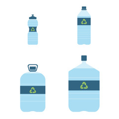Plastic bottles of water with recycling signs set. Recycle eco. Vector illustration
