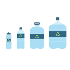 Plastic bottles of water with recycling signs set. Recycle eco. Vector illustration