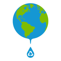 Earth globes isolated on white background. Concept of water resourses. Drop of water with recycle sign. Flat planet Earth icon. Vector illustration.