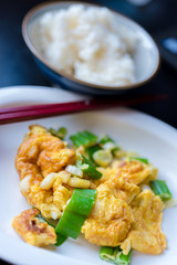 Thai style omelet mixed with Japanese onion  bunch serve with Japanese rice