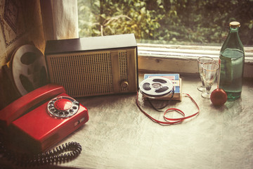 Vintage objects on windowsill. Retro interior