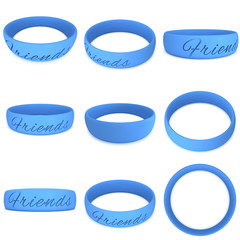 Blue rubber plastic stretch friends bracelet set. 3d render isolated on white background.