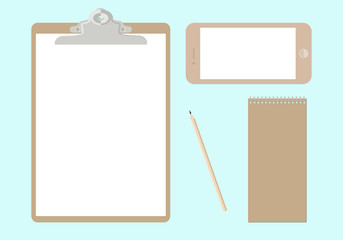 flat vector pencil, notebook, phone and blank paper sheet on clipboard