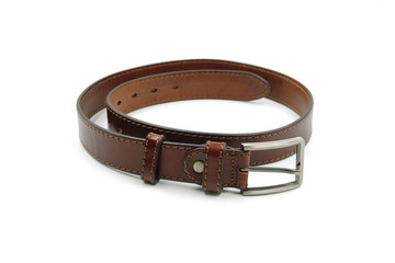 Brown leather belt on white background