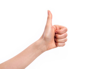 thumb up hand sign. woman hand showing thumb up, like, good, approval, acceptance, okay, ok,...