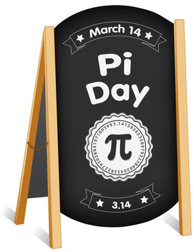 Pi Day, March 14, international holiday to celebrate the mathematical constant Pi, 3.14,  and eat lots of pie, sidewalk chalk board sign, folding easel, brass chain.