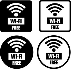 Free wifi circle and square sign. Wifi symbol. Wireless Network icon. Black and white flat button with shadow.