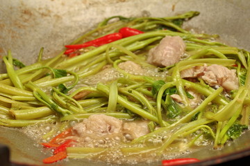 Cooking , Thai spicy fried snow fungus mushroom and morning glor