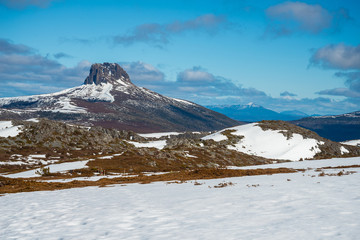 The Barn Bluff mountain located in the Central Highlands region of Tasmania, Australia.