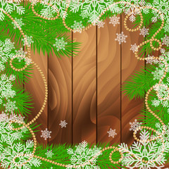 Fir tree branches with decorations, garland and snowflakes. Winter holidays wooden background. Vector realistic illustration.