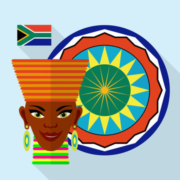 Africa flat design. Beautiful African woman with ethnic ornament and flag. Vector illustration.
