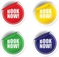 Book now sticker, button, label and sign set.