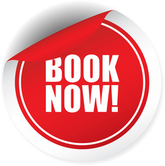 Book now red sticker, button, label and sign.