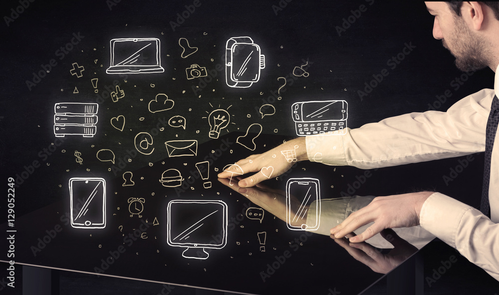 Poster Man pressing table tablet hand touch interface with media icons