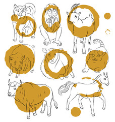 Obraz premium Bull-cat-dog-goat-horse-monkey-pig-sheep