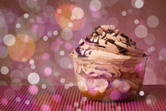 Delicious tasty homemade cakes with bokeh light background