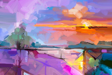 Fond de paysage de peinture à l& 39 huile abstraite. Oeuvre d& 39 art moderne peinture à l& 39 huile paysage extérieur. Semi-abstrait d& 39 arbre, colline avec lumière du soleil (coucher du soleil), jaune coloré - ciel violet. Fond de nature beauté