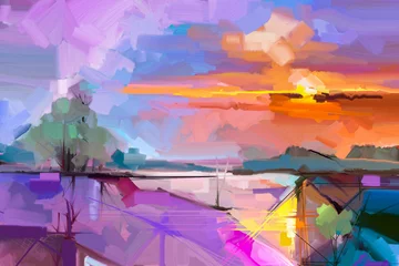 Fototapeten Abstrakter Ölgemäldelandschaftshintergrund. Kunstwerk moderne Ölgemälde Landschaft im Freien. Semi- abstrakt von Baum, Hügel mit Sonnenlicht (Sonnenuntergang), bunter gelb-violetter Himmel. Schönheit Natur Hintergrund © nongkran_ch