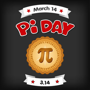Pi Day, March 14, international holiday to celebrate the mathematical constant Pi, 3.14, and eat lots of fresh baked sweet pie, red text, chalk board background. 