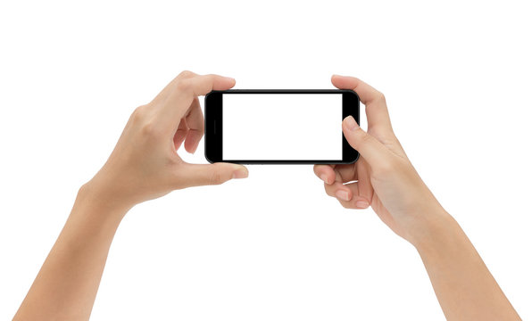 hand holding phone isolated on white background, mock-up smart p